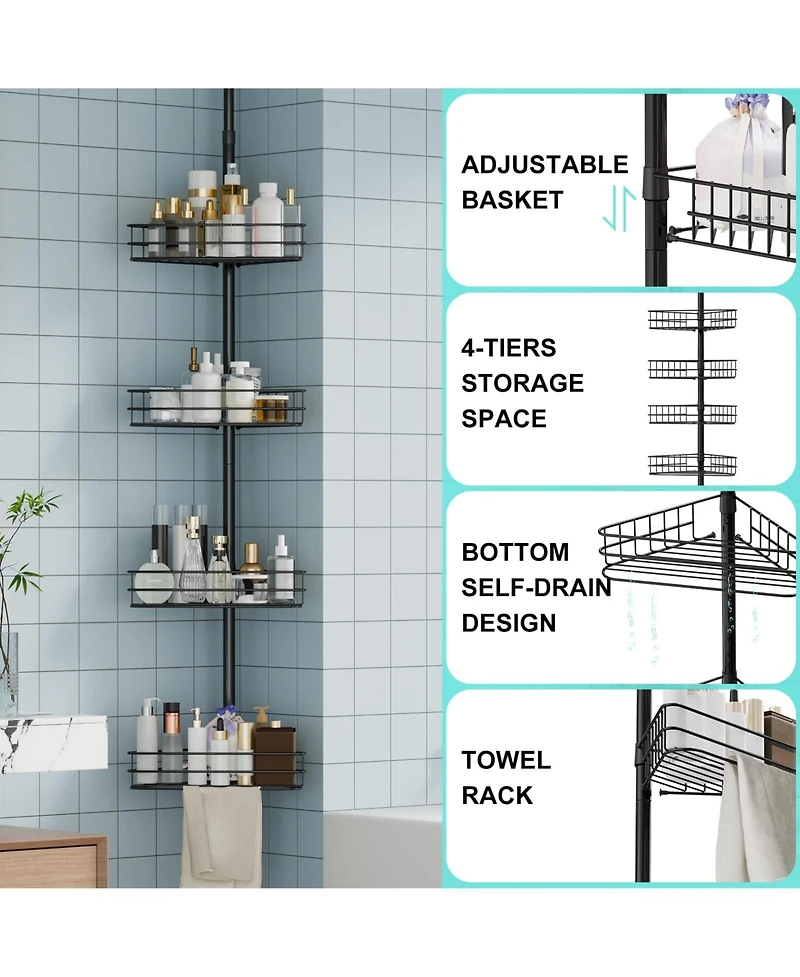 Homfan Corner Shower Caddy Tension Pole, 4-Tier Rustproof Bathroom Shelves with Built-In Towel Bars