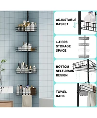 Homfan Corner Shower Caddy Tension Pole, 4-Tier Rustproof Bathroom Shelves with Built-In Towel Bars