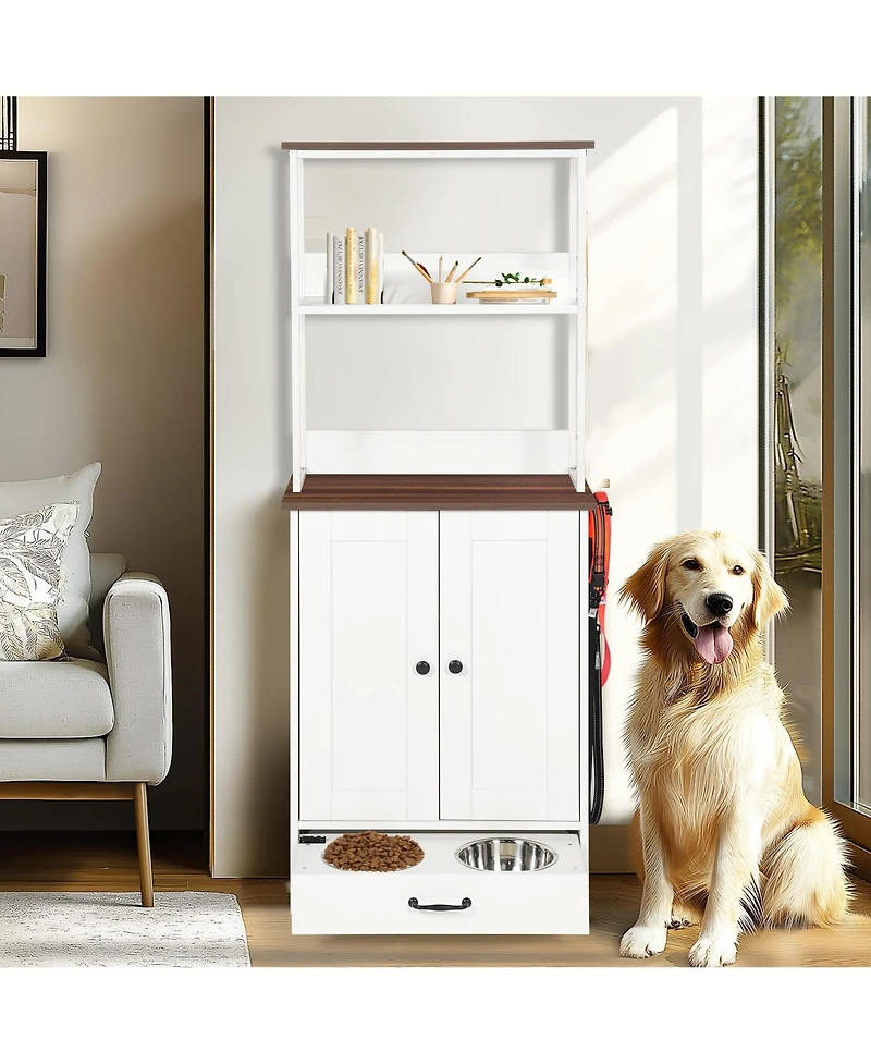 Cozito Pet Feeding Station with Pull-Out Bowls and Storage Shelves, Side Hooks, White