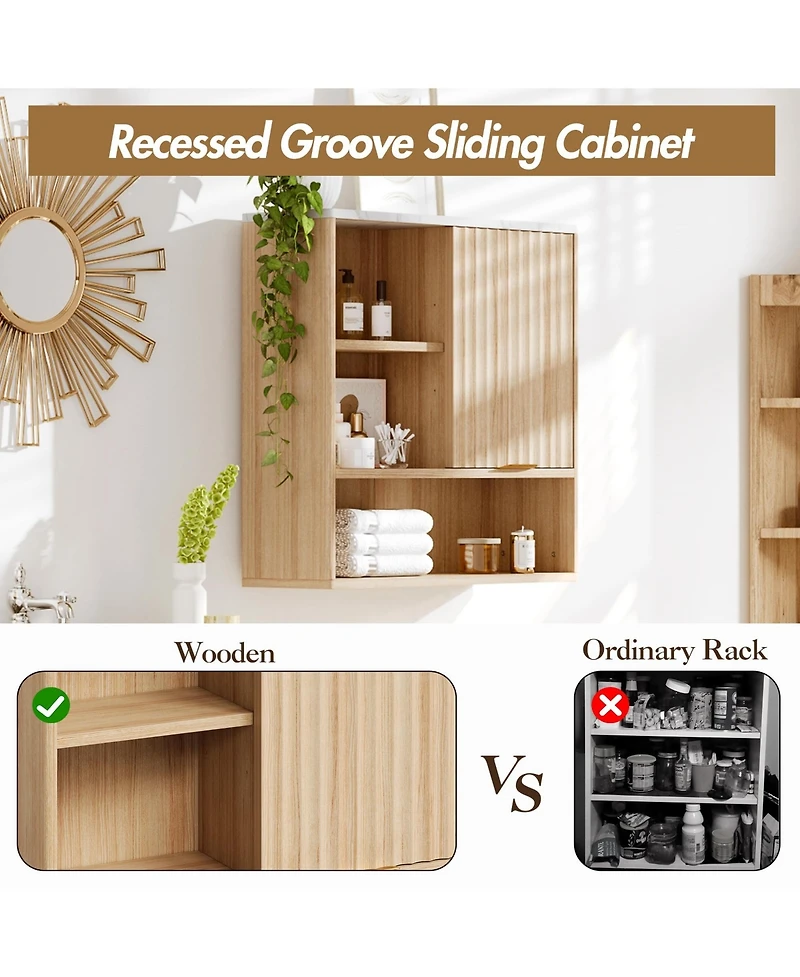 Homfan Fluted Bathroom Wall Cabinet with Faux Marble Top & Adjustable Shelf, Modern Medicine Cabinet with Sliding Door and Open Storage Space