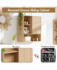 Homfan Fluted Bathroom Wall Cabinet with Faux Marble Top & Adjustable Shelf, Modern Medicine Cabinet with Sliding Door and Open Storage Space