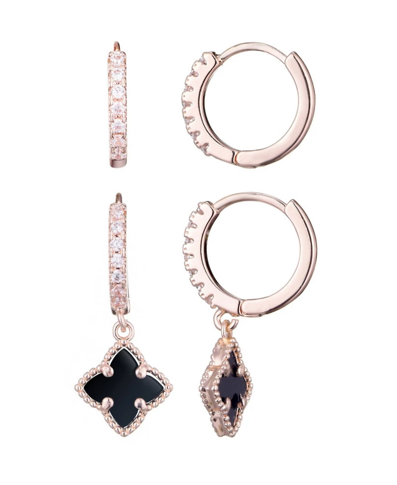 Adornia Rose Gold Cz Black Clover Huggie Set