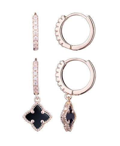 Adornia Rose Gold Cz Black Clover Huggie Set