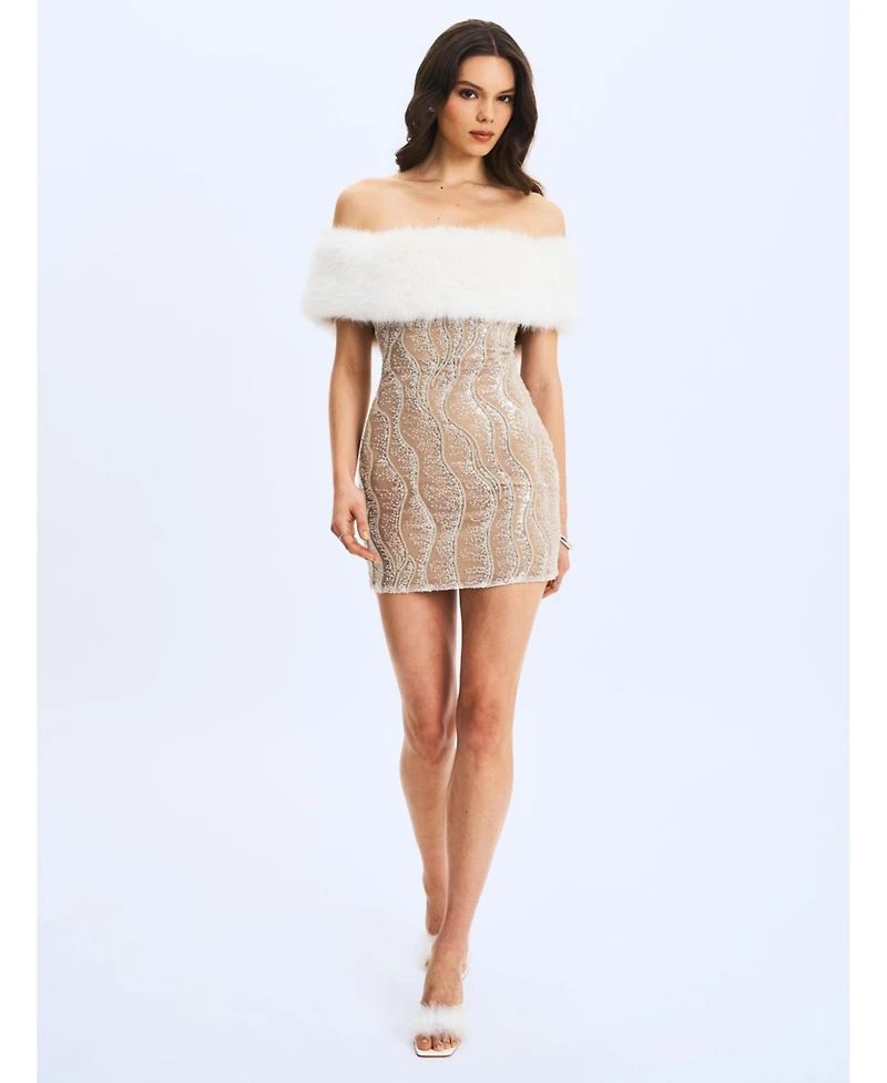 Miss Circle Women's Averie Fur Off-Shoulder Sequin Mini Dress