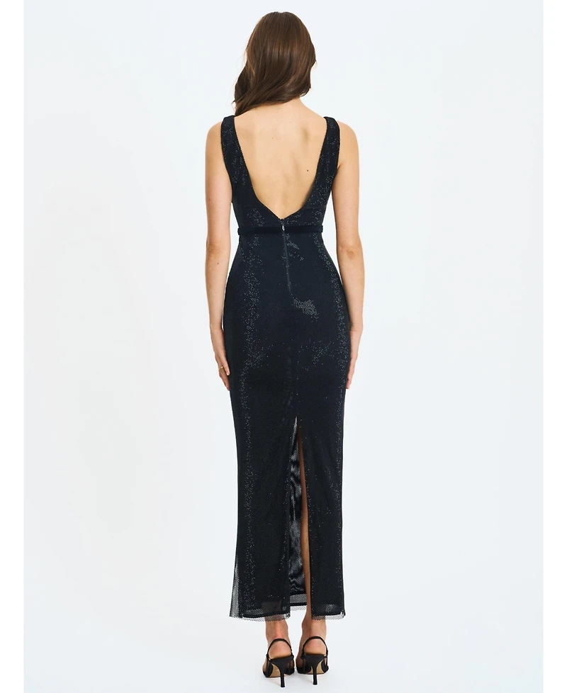 Miss Circle Women Olympia Black Belted Bow Plunging Rhinestone Maxi Dress