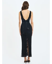 Miss Circle Women Olympia Black Belted Bow Plunging Rhinestone Maxi Dress