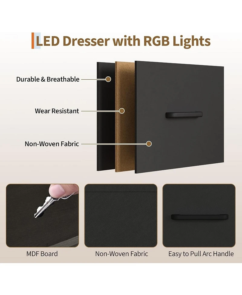 gaomon 49.2" w Dresser with Hanging Rack & Led Lights, 6-Drawer Closet Organizer with Charging Station