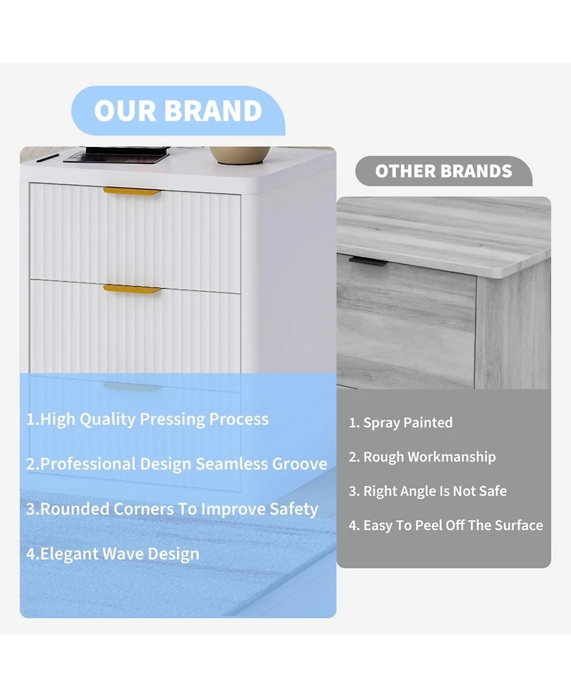 gaomon Fluted Nightstand with Charging Station, Bedside Table with 3 Drawers Storage Space