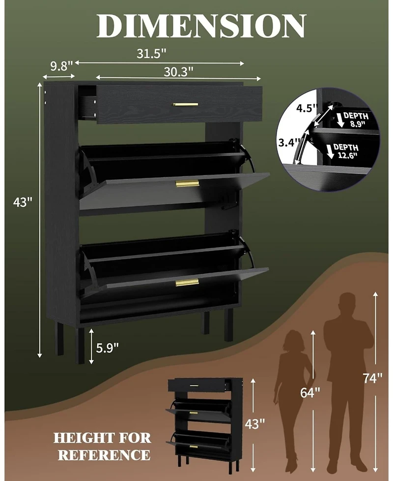 gaomon Narrow Shoe Cabinet Storage for Entryway, 3 Drawers, Freestanding Organizer Wooden,Shoe Rack with 3-Tier Adjustable Shelves