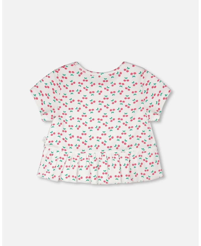 Deux par Deux Girl Rib Crop T-Shirt with Frill Printed Cheeries
