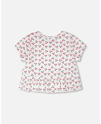 Deux par Deux Girl Rib Crop T-Shirt with Frill Printed Cheeries