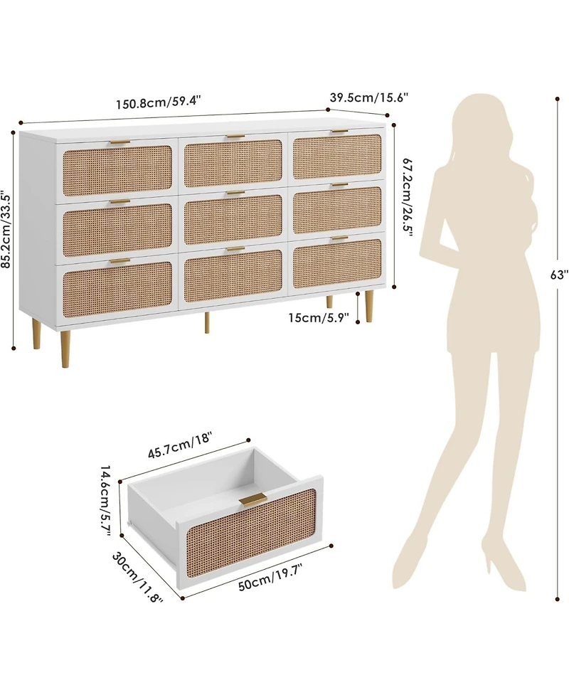 gaomon Rattan 9 Drawer Dressers for Bedroom, Tall Dresser with Deep Drawers, Large Chest of Drawers Closet Wide Top