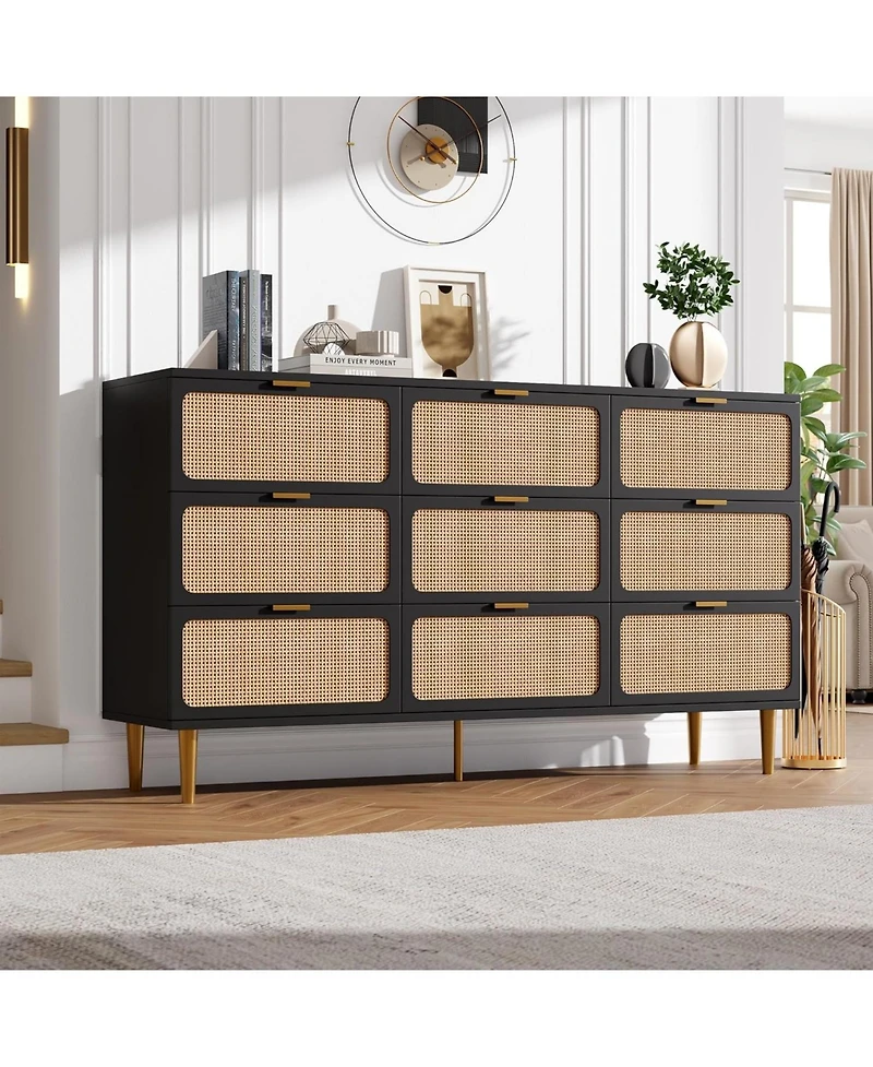 gaomon Rattan 9 Drawer Dressers for Bedroom, Tall Dresser with Deep Drawers, Large Chest of Drawers Closet Wide Top