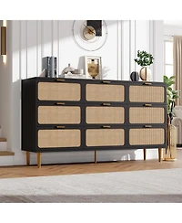 gaomon Rattan 9 Drawer Dressers for Bedroom, Tall Dresser with Deep Drawers, Large Chest of Drawers Closet Wide Top
