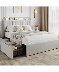 gaomon Full Bed Frame with Storage Headboard, Kids 2 Drawers, Boucle Upholstered Platform Bookcase, No Box Spring Needed, Easy
