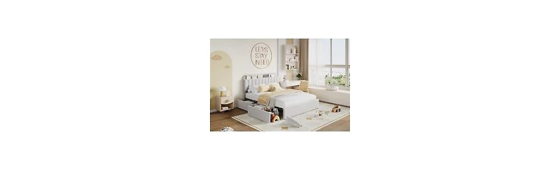 gaomon Full Bed Frame with Storage Headboard, Kids 2 Drawers, Boucle Upholstered Platform Bookcase, No Box Spring Needed, Easy