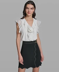 Karl Lagerfeld Paris Petite Rosette V-Neck Ruffle Top