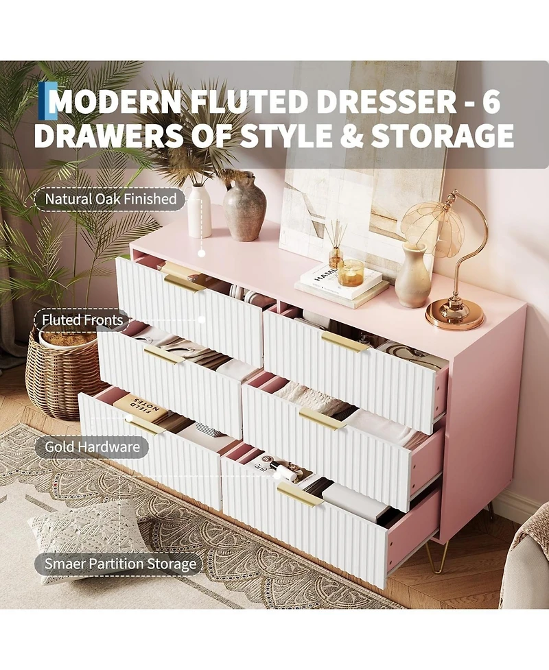 gaomon Fluted Dresser for Bedroom with 6 Drawers,47'' Wide Modern Chest of Wooden Drawers with Metal Handle,Wide Clothes Storage Organizer