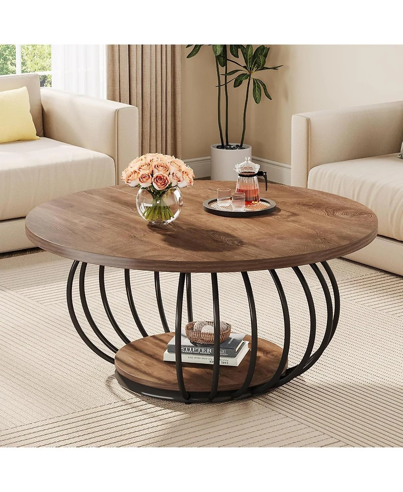 Tribesigns Round Coffee Table for Living Room, 39.4" Industrial Wooden 2-Tier Circle Accent Center Cocktail Table with Storage Shelf and Metal Fr