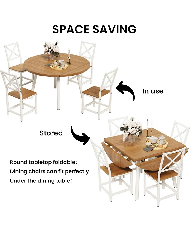 Ironck Dining Table Set for 4, Round Kitchen Table and 4 Stool Chair for Dining Room, 44.5" Drop Leaf Desk
