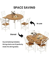 Ironck Dining Table Set for 4, Round Kitchen Table and 4 Stool Chair for Dining Room, 44.5" Drop Leaf Desk