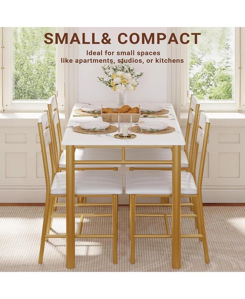 Ironck 27.6" W Dining Table Set for 4, Wood Kitchen Table with Upholstered Chairs, White & Gold