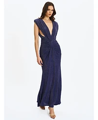 Miss Circle Women's Terri Navy Sparkle Plunging Backless Maxi Dress