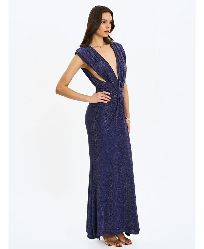 Miss Circle Women's Terri Navy Sparkle Plunging Backless Maxi Dress