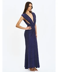Miss Circle Women's Terri Navy Sparkle Plunging Backless Maxi Dress