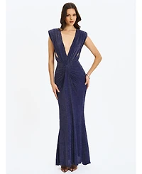 Miss Circle Women's Terri Navy Sparkle Plunging Backless Maxi Dress