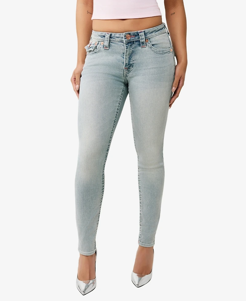 True Religion Women's Jennie Mid Rise Skinny Big T Flap Jeans