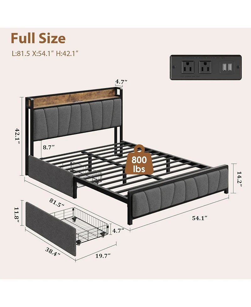 gaomon Full Bed Frame with 2 Storage Drawers, Charging Station & Storage Headboard, Heavy Duty