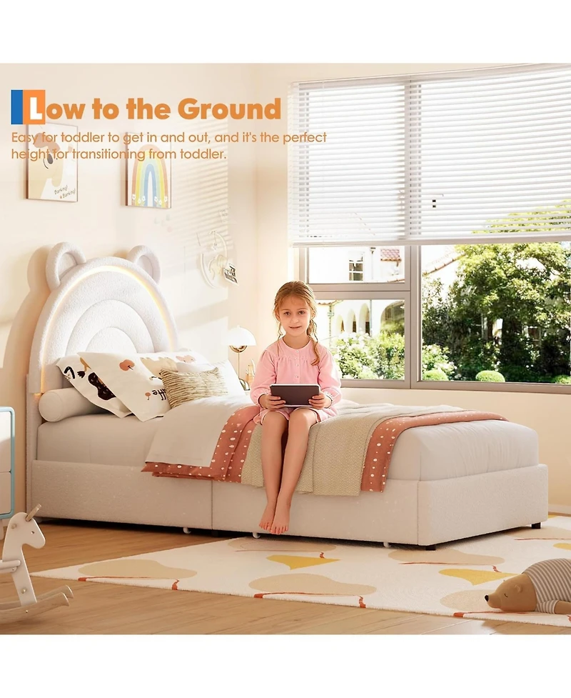 gaomon Twin Bed Frame with 4 Drawers & Led Lights, Velvet Upholstered Rainbow Headboard