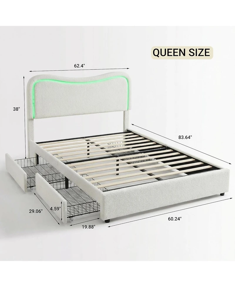 gaomon Queen Boucle Bed Frame with Led Headboard Storage Drawers