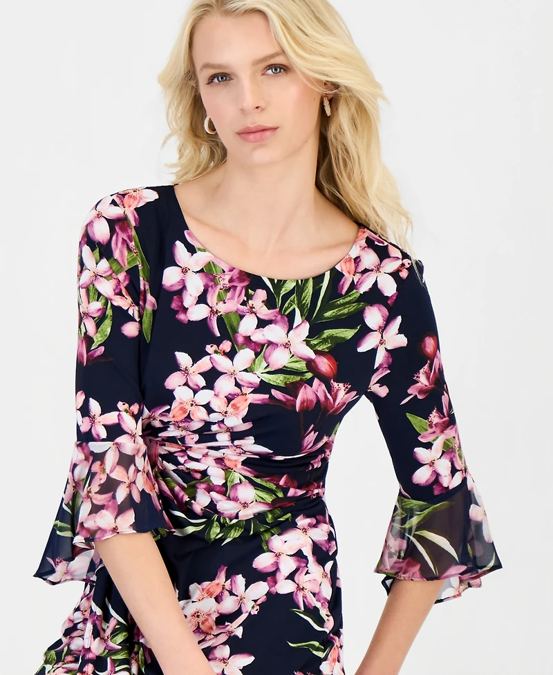 Connected Women's Floral-Print Flounce-Sleeve Dress