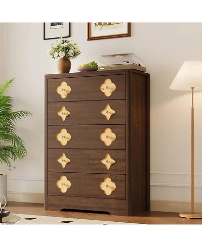 gaomon 5 Drawer Tall Boho Dresser, 45" Wooden Chest with Clothes Storage Cabinet, Brown