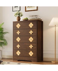 gaomon 5 Drawer Tall Boho Dresser, 45" Wooden Chest with Clothes Storage Cabinet, Brown