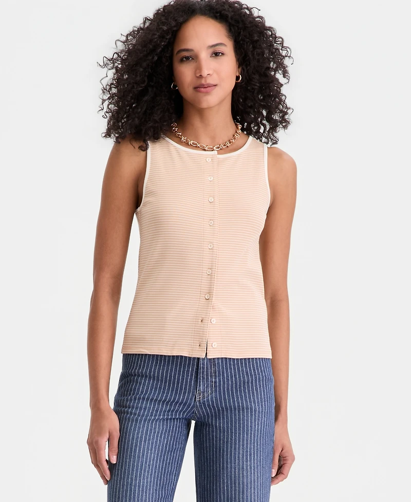 On 34th Women's Thin Stripe Rib Button-Up Tank Top, Macy's Exclusive