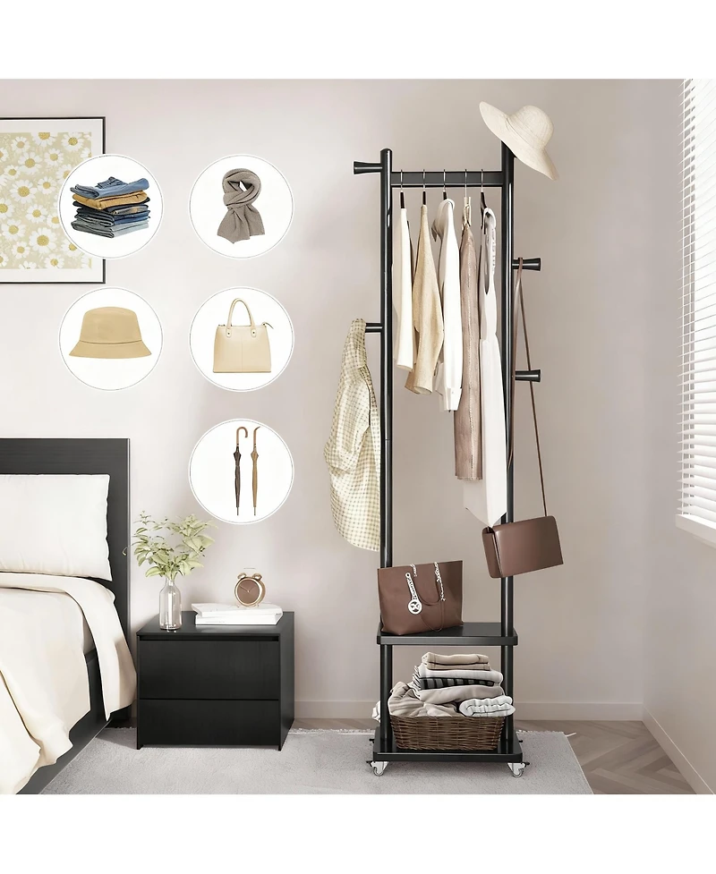 Yigii Solid Wood Freestanding Coat Rack with Wheels, 2 Shelves, 5 Hooks for Entryway,Silent Wheels for Easy Mobility