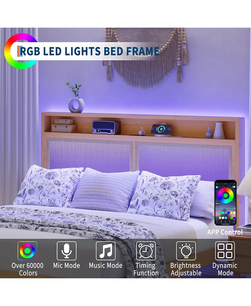 gaomon Rattan Bed Frame with Led Lights, Boho Wood Bed Frame with Storage Headboard & Charging Station, Silent Slats