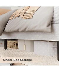 gaomon Bed Frame with Storage Headboard, Charging Station & Led, Modern Linen Upholstered Platform Frame, Wood Slat Support, No Box Spring Needed