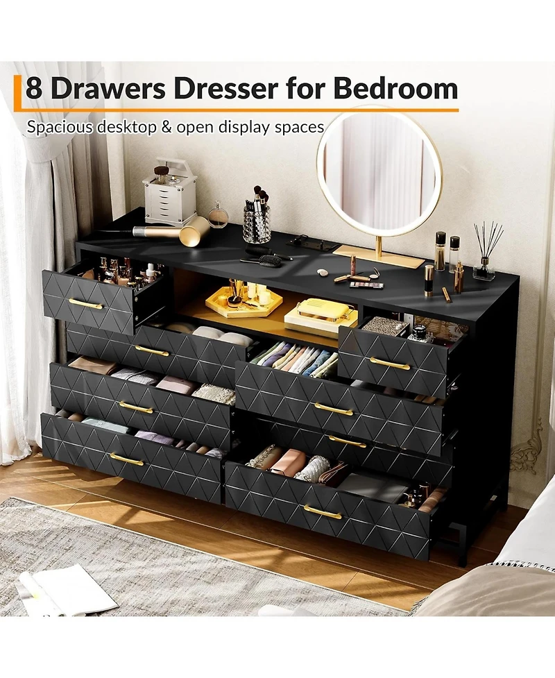gaomon 8 Drawer Dresser for Bedroom, Pink Dresser with Led Light, 55 in Tv Stand Dressers with Power Outlet, Large Dressers Bedroom with Deep Drawers,