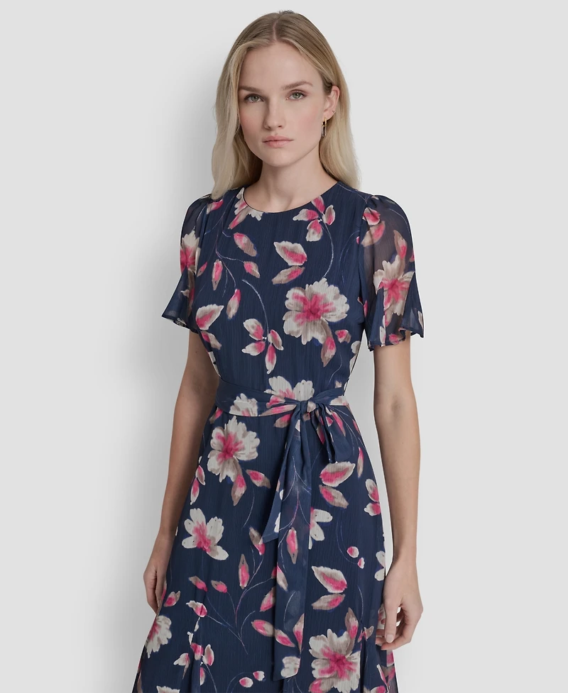 Dkny Women's Short Godet Sleeve Jewel Neck Midi Dress