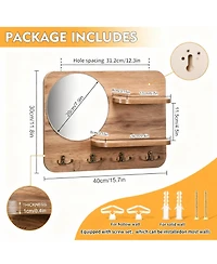 Yigii Oak Wood Key Rack with Mirror, Hooks, and Shelves for Home Decor