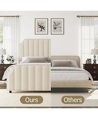 gaomon King Size Velvet Platform Bed Frame with 50.2" Tufted Headboard & Footboard, Vertical Channel Design, Nailhead Trim, No Box Spring Needed