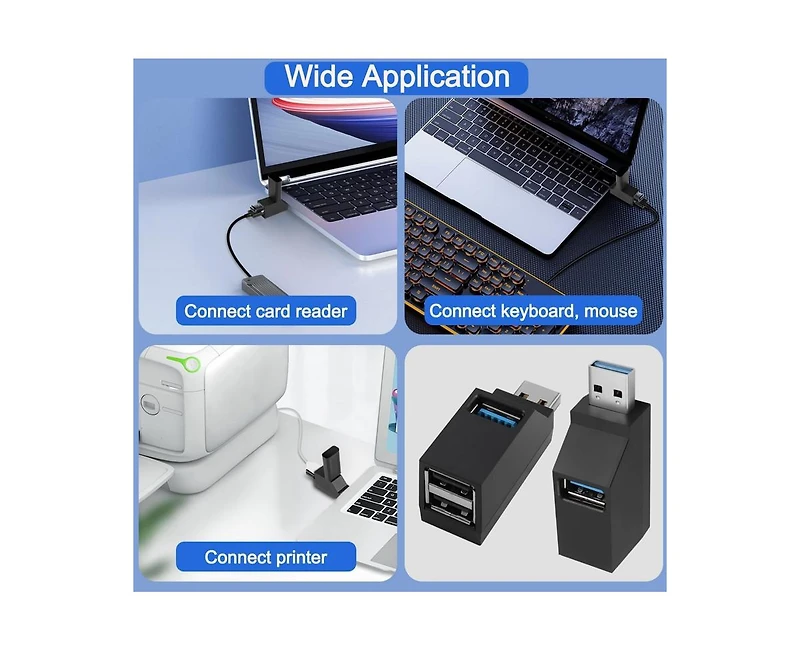 Risokeys 3 Ports Usb 3.0 Hub 90 Degree Splitter, Hi-Speed 5Gbps Data Transfer Usb Expander
