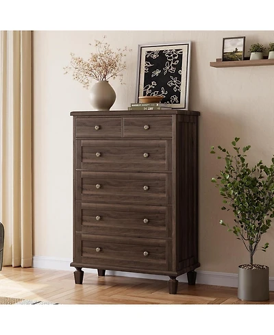 gaomon Vintage 6 Drawer Dresser for Bedroom, Tall Wood Dresser with Tapered Legs Support, Dressers & Chests of Drawers for Living Room, Dark Brown