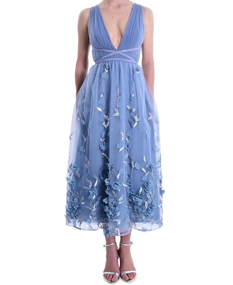 Marchesa Notte Women's V-Neck 3D Floral Midi Dress