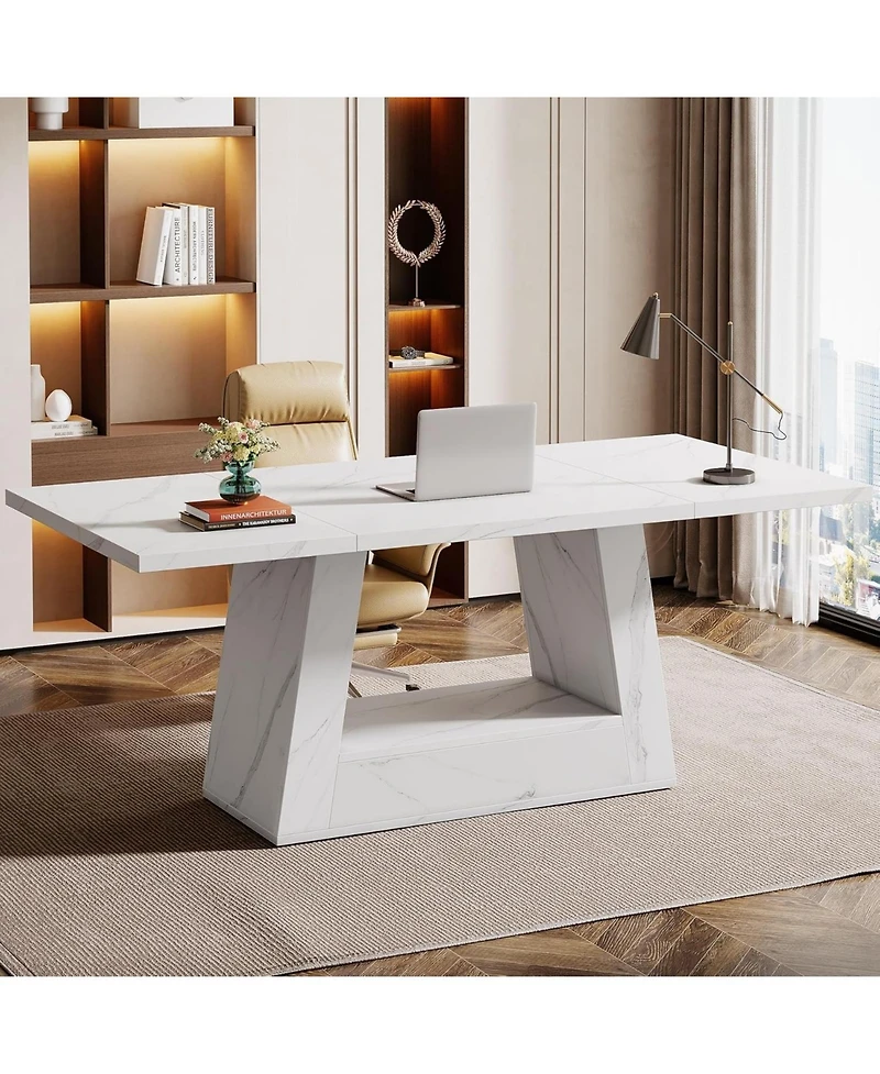 Tribesigns 63-Inch Large Computer Desk, Modern Office Desk Workstation, Simple Style Executive Study Table, Wooden Faux Marble Writing