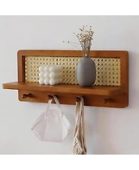 Yigii 4 Wood Key Hooks Pine Board Pe Rattan Grid Coat Rack Decor